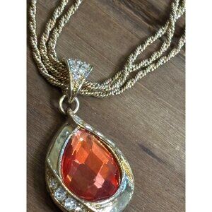 Avon Gold Plated Multi-Strand Necklace With Orange & Rhinestone Pendant
